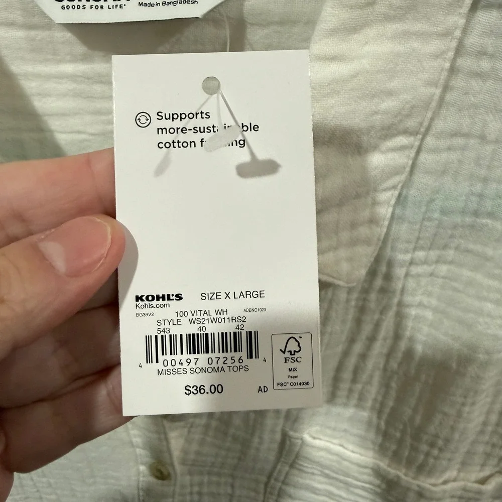 Sonoma Goods For Life White Cotton Gauze Vital Shirt WS21W011RS2 Womens XL New - Picture 4 of 12